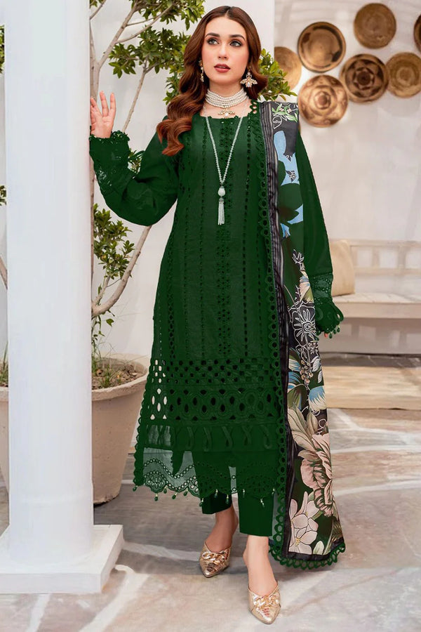 ZAINAB CHOTTANI-3PC CHIKENKARI LAWN EMBROIDERED WITH MONARK PRINT DUPATTA & TROUSER