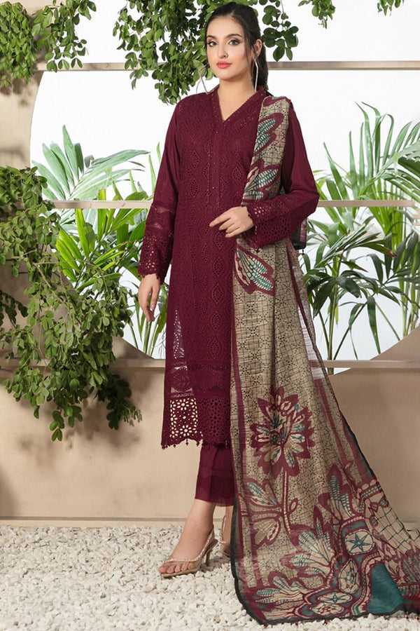 WITH MONARK PRINT DUPATTA & TROUSER-BIC-4052 MEHROON