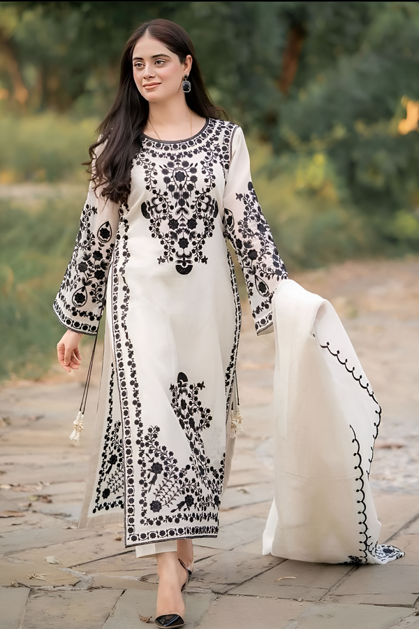 JAZMIN- LAWN 3PC EMBROIDERED SHIRT WITH ORGANZA EMBROIDERED DUPATTA WITH TROUSER